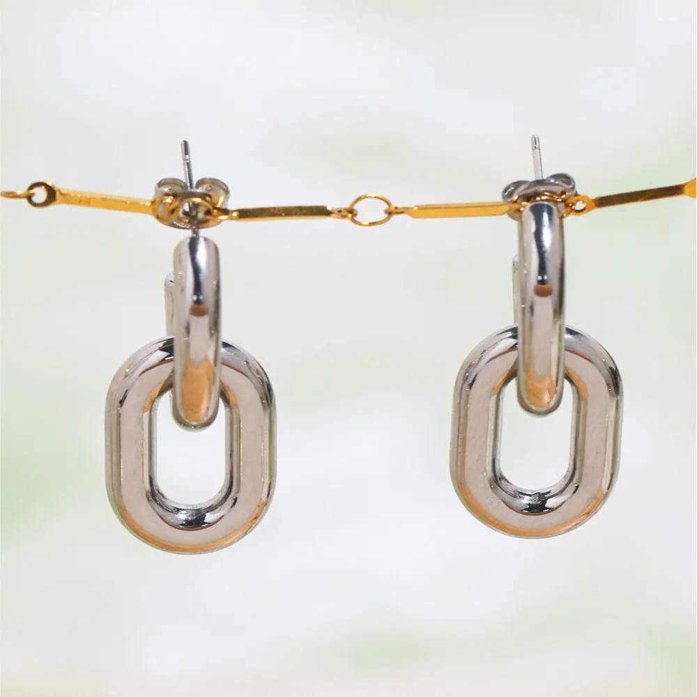 Two-Tone Oval Circular Ring Dangle Earrings in Stainless Steel – 18K Gold Plated