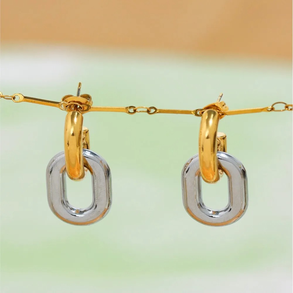 Two-Tone Oval Circular Ring Dangle Earrings in Stainless Steel – 18K Gold Plated