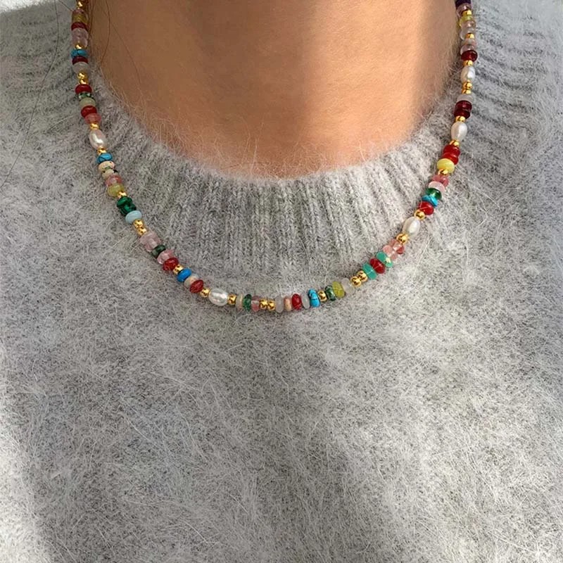 Fashion Colorful Beads Stone Natural Freshwater Pearl Necklaces for Women