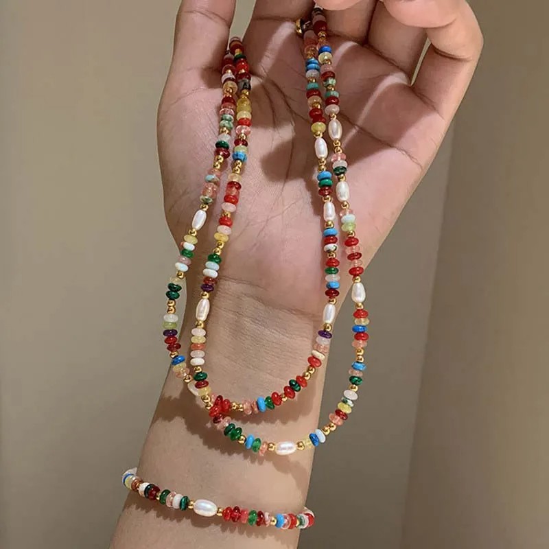 Fashion Colorful Beads Stone Natural Freshwater Pearl Necklaces for Women