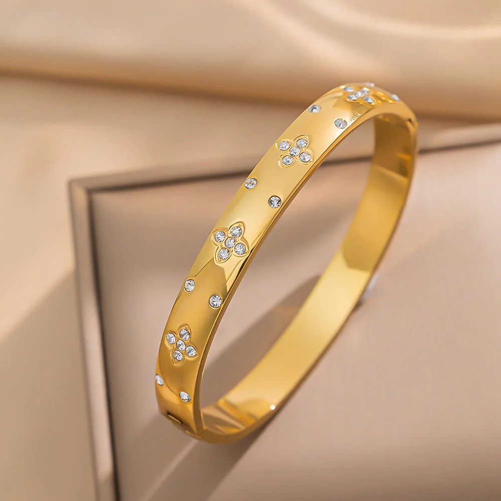 Stainless Steel Bangles Bracelet for Women – Fashion Jewelry with Zirconia Flower Design