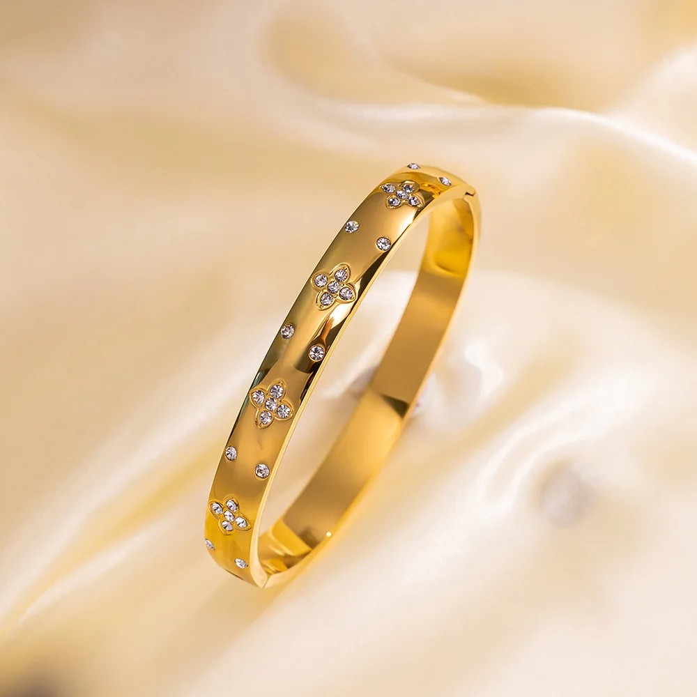 Stainless Steel Bangles Bracelet for Women – Fashion Jewelry with Zirconia Flower Design
