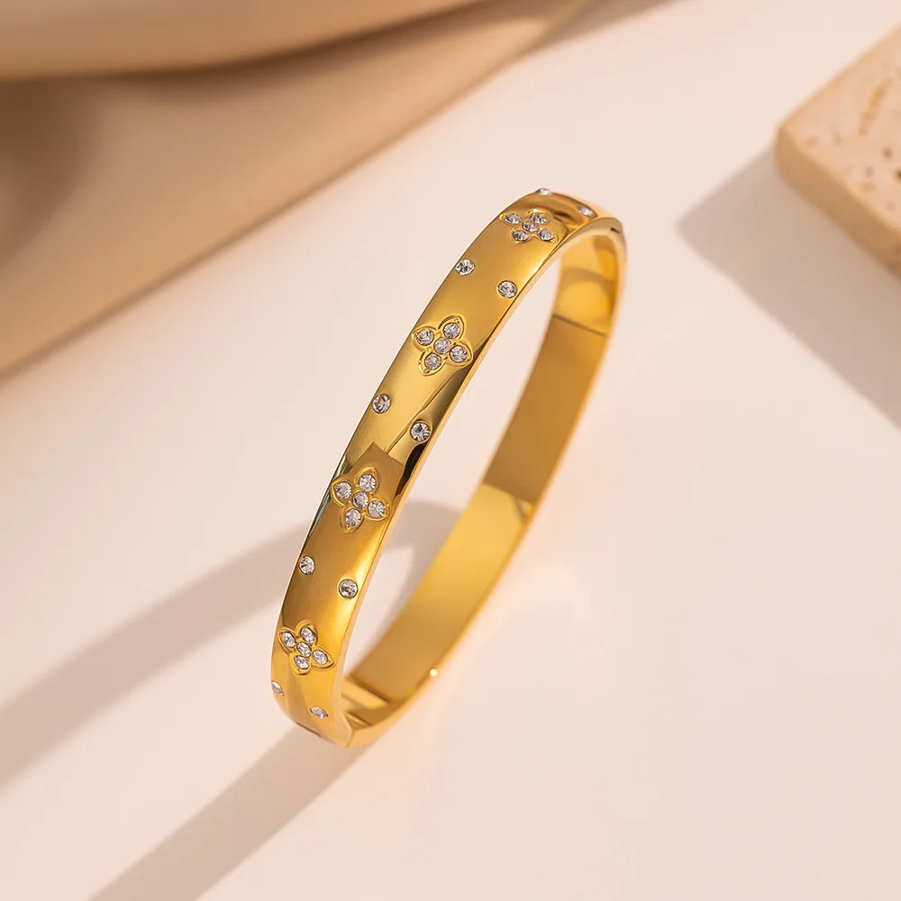 Stainless Steel Bangles Bracelet for Women – Fashion Jewelry with Zirconia Flower Design