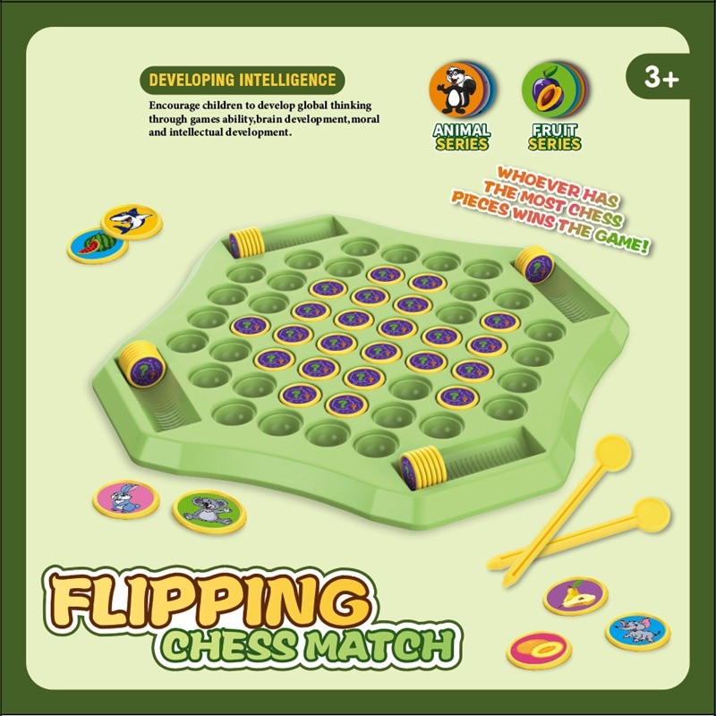Kids Memory Reversi Chess Game 2 To 4 Players Animal Fruit Flipping Chess Matching Game Focus Training Toddlers Educational Memory Challenge Toy