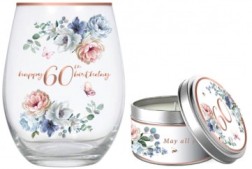 60TH DANCING ROSES STEMLESS GLASS 520ML & CANDLE