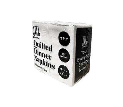 NAPKINS DINNER 2PLY 1/8F QUILTED WHT 100s/PKT (ESSENTIALS)