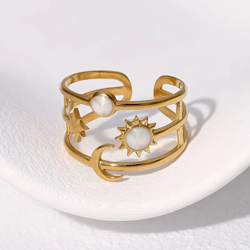 1pc Women’s Adjustable Open Ring – Minimalist Stainless Steel Bangle with Sun, Star & Moon Charms | Elegant, Durable Jewelry for Everyday & Formal Wear in NZ