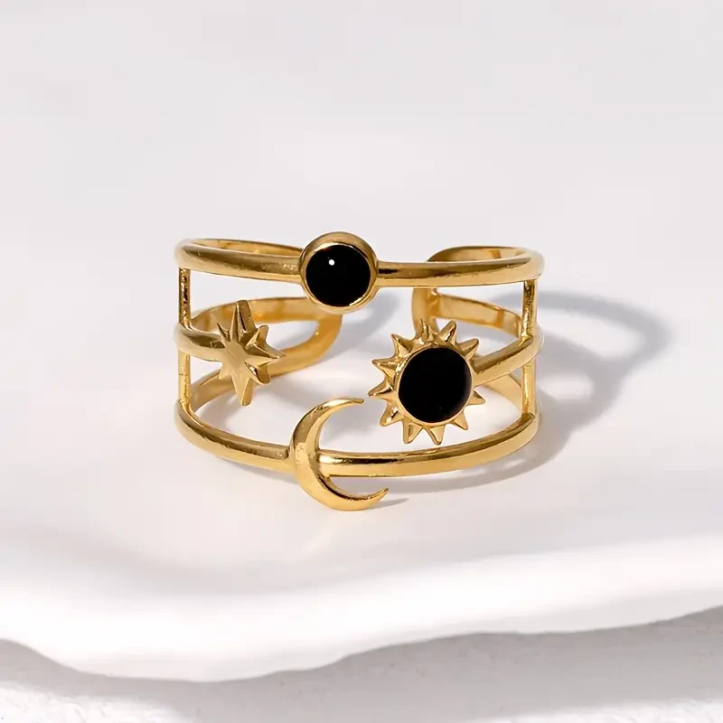 1pc Women’s Adjustable Open Ring – Minimalist Stainless Steel Bangle with Sun, Star & Moon Charms | Elegant, Durable Jewelry for Everyday & Formal Wear in NZ