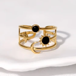 1pc Women’s Adjustable Open Ring – Minimalist Stainless Steel Bangle with Sun, Star & Moon Charms | Elegant, Durable Jewelry for Everyday & Formal Wear in NZ