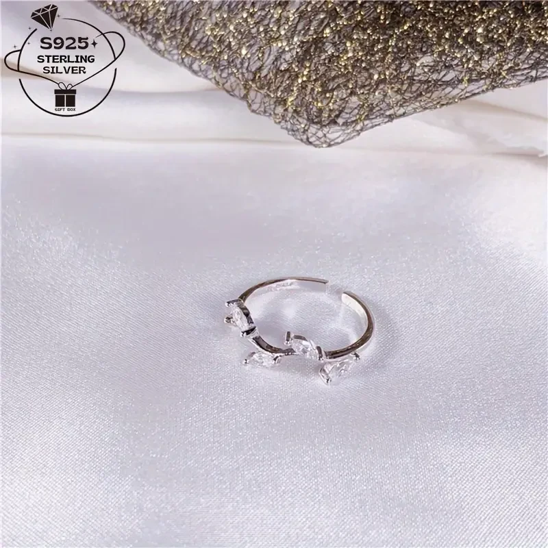 1pc 925 Silver Adjustable Open Ring for Women – Elegant Branch Inlaid with Synthetic Zirconia | Versatile Fashion Jewelry & Gift for Women in New Zealand