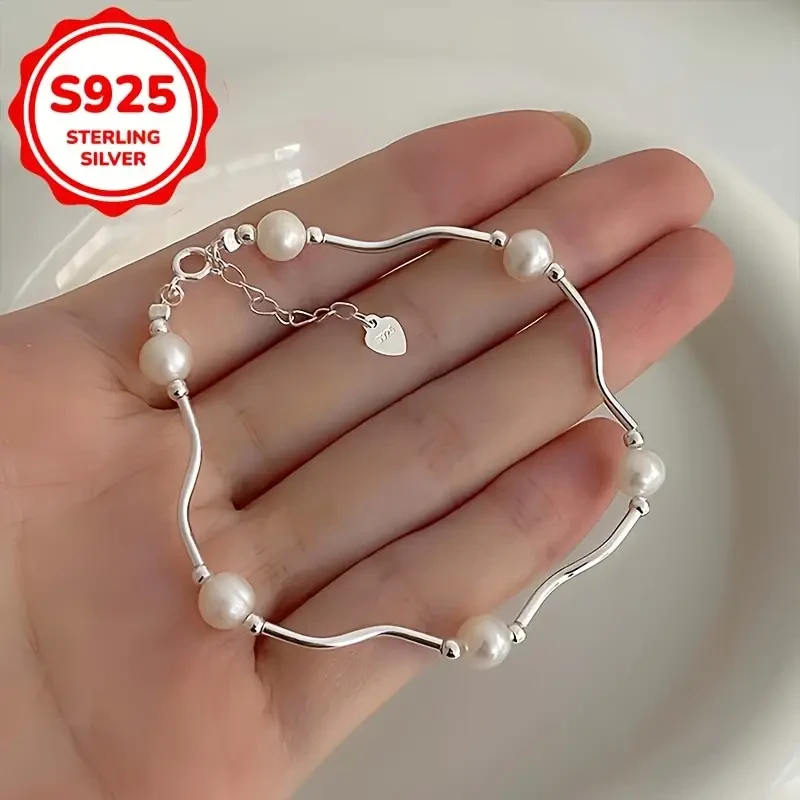 1pc Women’s Elegant S925 Silver Faux Freshwater Pearl Bracelet – Hypoallergenic All-Season Jewelry for Daily Wear & Special Occasions
