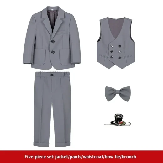 Boy's Suit Dress British Solid Color Gray 5 Pieces