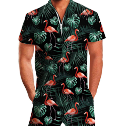 Summer short-sleeve jumpsuit Hawaiian Black Flamingo