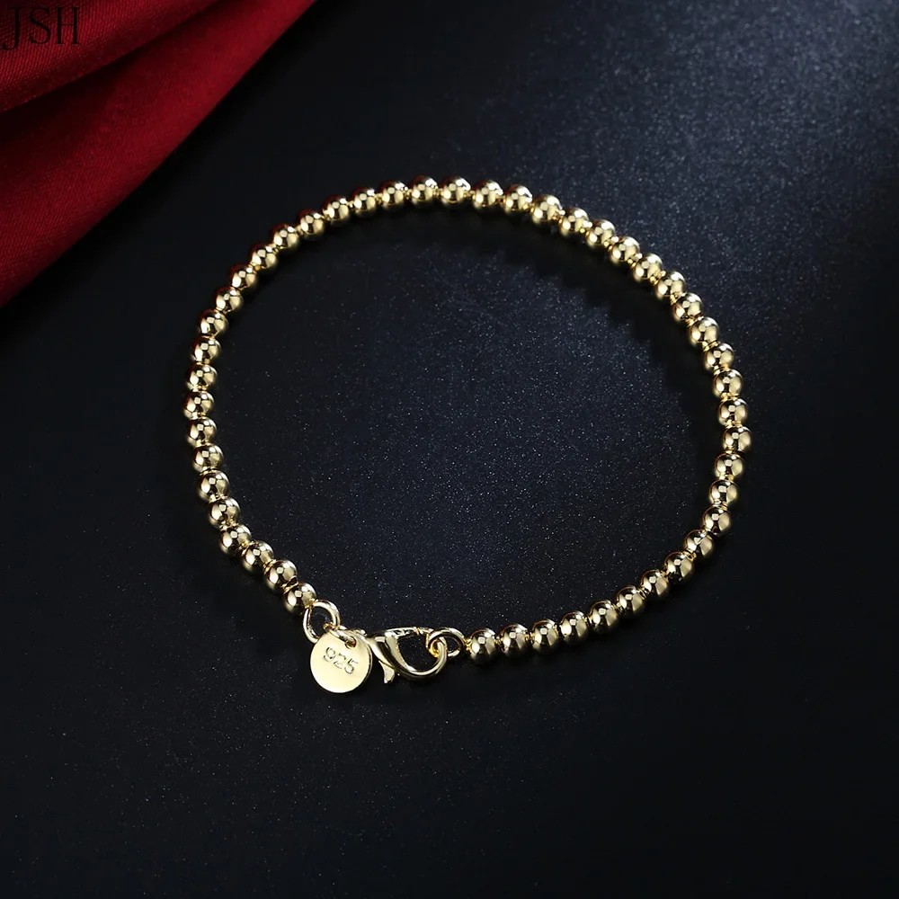 For Women 925 Sterling Silver 4mm Bead Gold Color Chain Bracelet