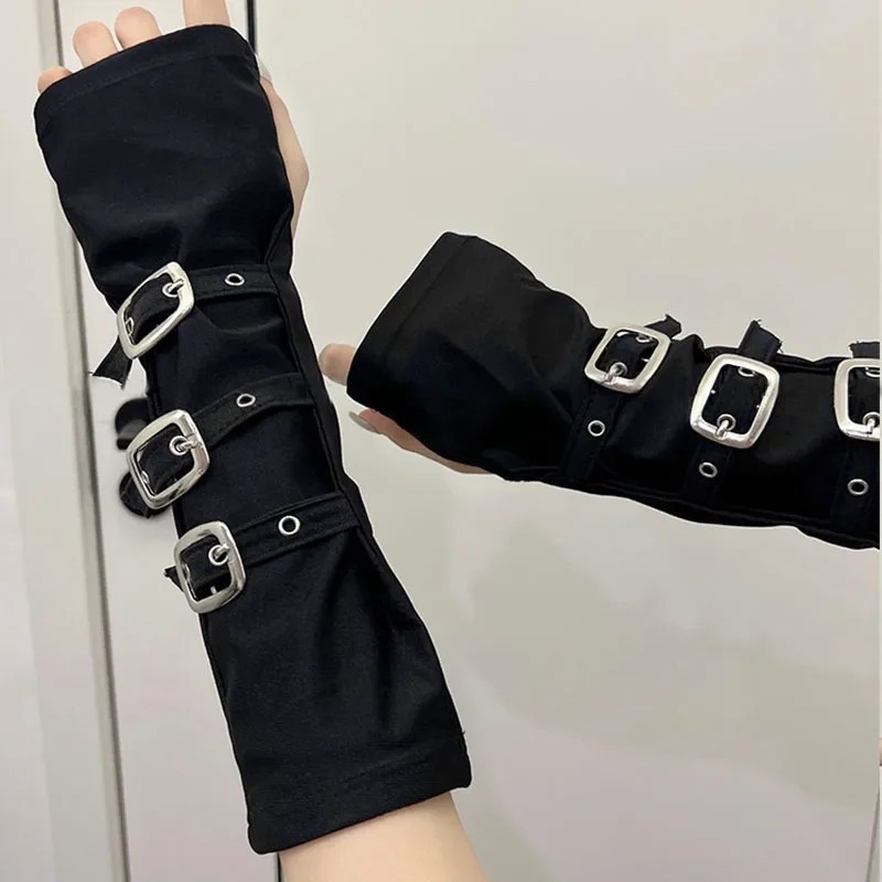 Dark Metal Button Cuffs Gothic Half Open Finger Wristband Gloves