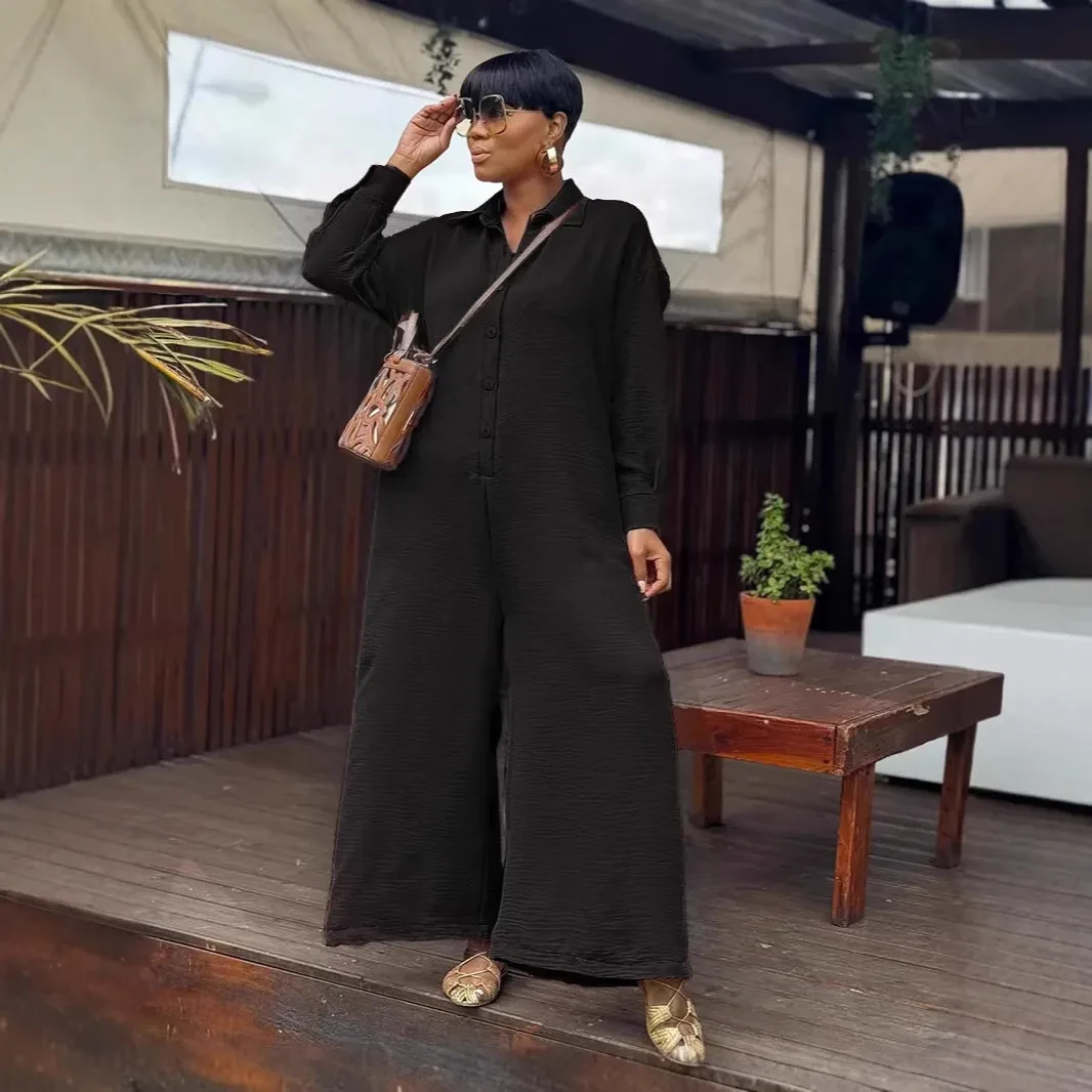 Casual Loose Round Neck Long Sleeve Wide Leg One-piece