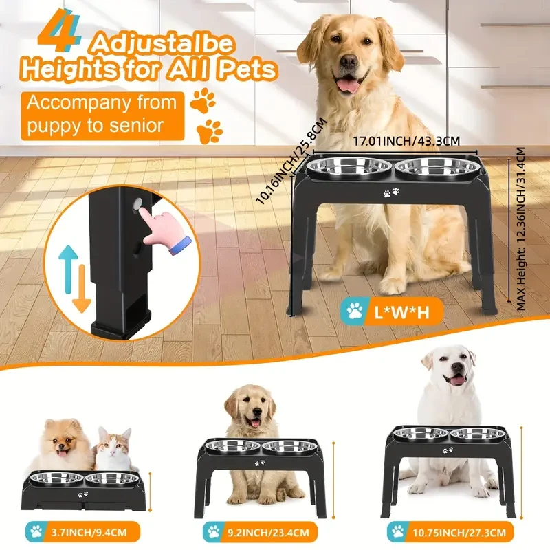 Elevated Dog Bowls | 4 Height Adjustable Raised Dog Bowl Stand