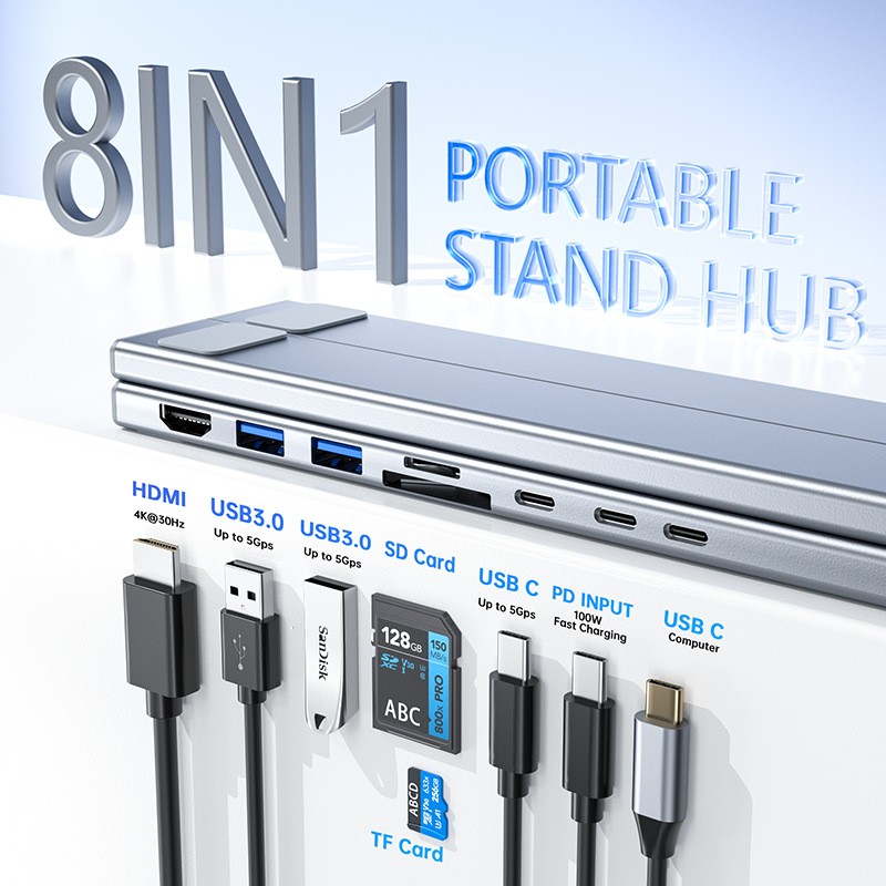 Aluminum Alloy HUB Multi-interface HDMI 8 In 1 Docking Station Laptop Stand