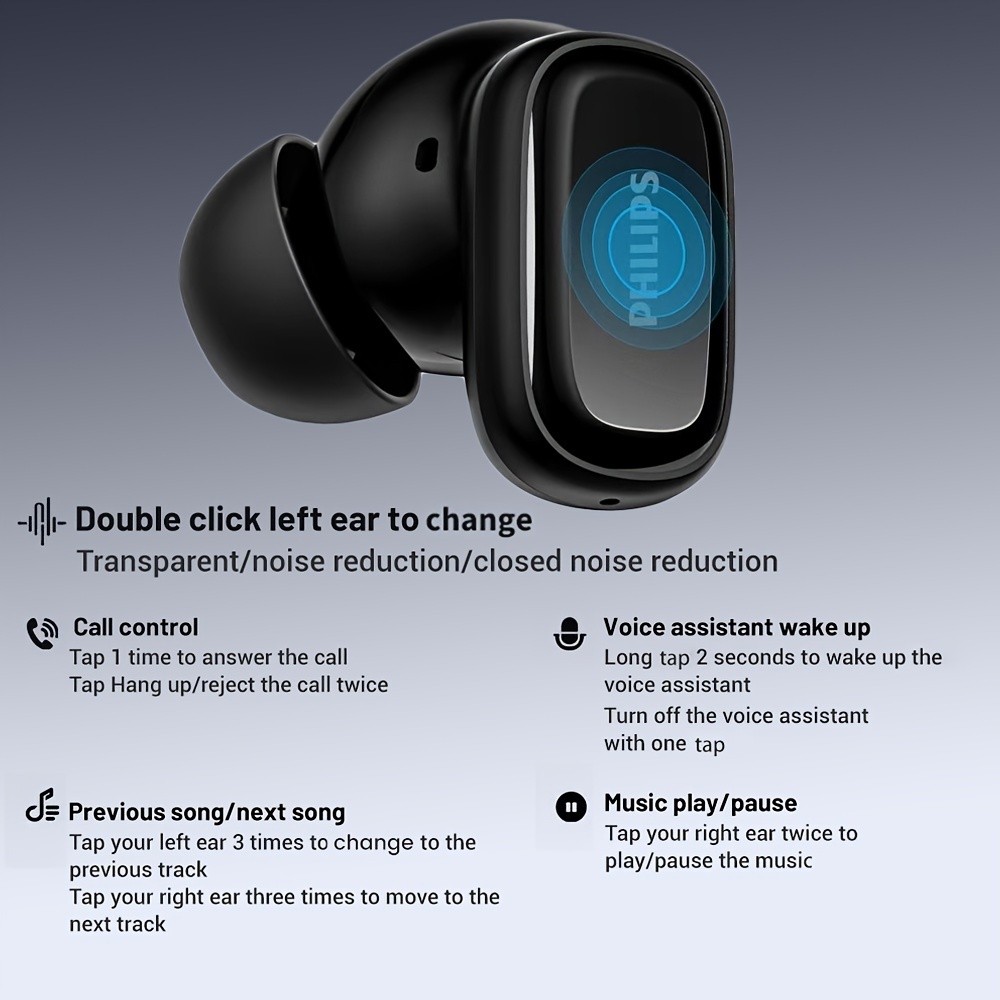 Philips BT5.4 In-Ear Earphones with Wireless Charging Case – 24-Hour Playtime, Game Modes, Built-in Mic, Touch Control