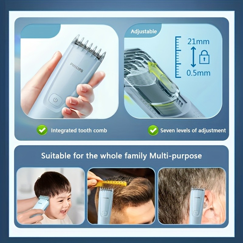 7-Speed Hairclipper Series 3000: Precision Steel Blade Head, PowerDrive System, Type-C Charging Cable