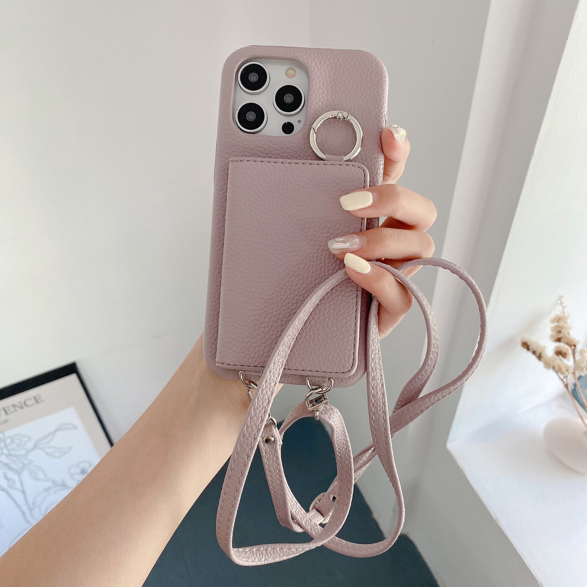 Lychee Pattern Left And Right Open Beauty Mirror Lanyard Phone Case