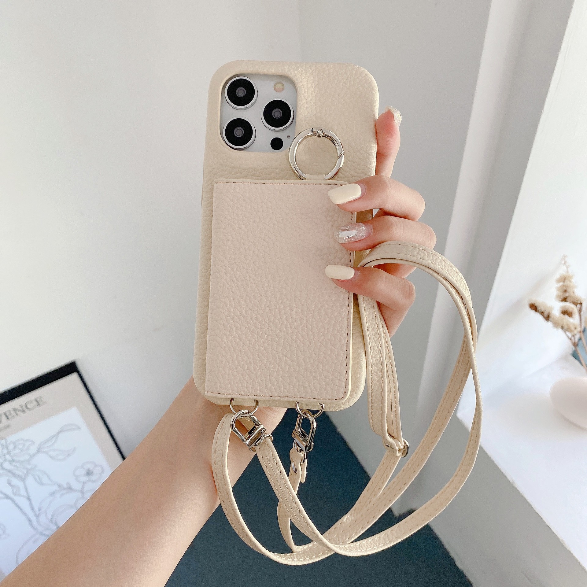 Lychee Pattern Left And Right Open Beauty Mirror Lanyard Phone Case