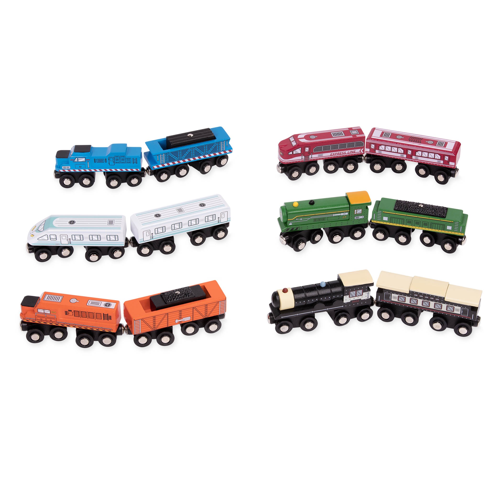 B. Trenes de madera de madera y ruedas