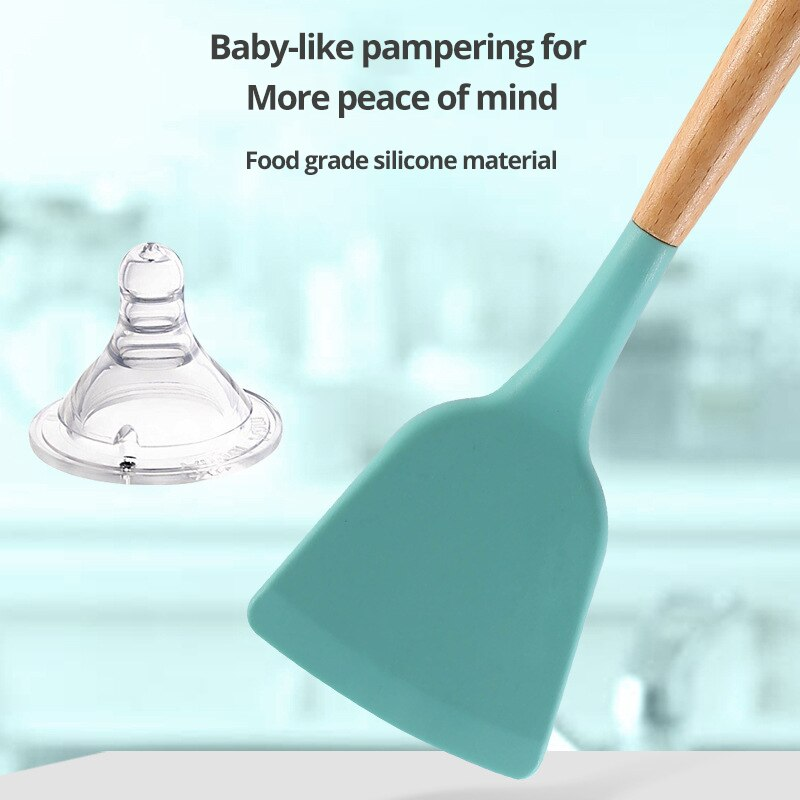 12 utensilios de cocina de silicona con mango de madera y cubo de almacenamiento