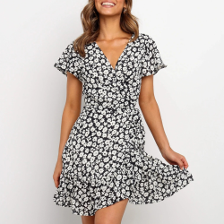Vestido informal de gasa con cuello en V, manga corta y estampado floral