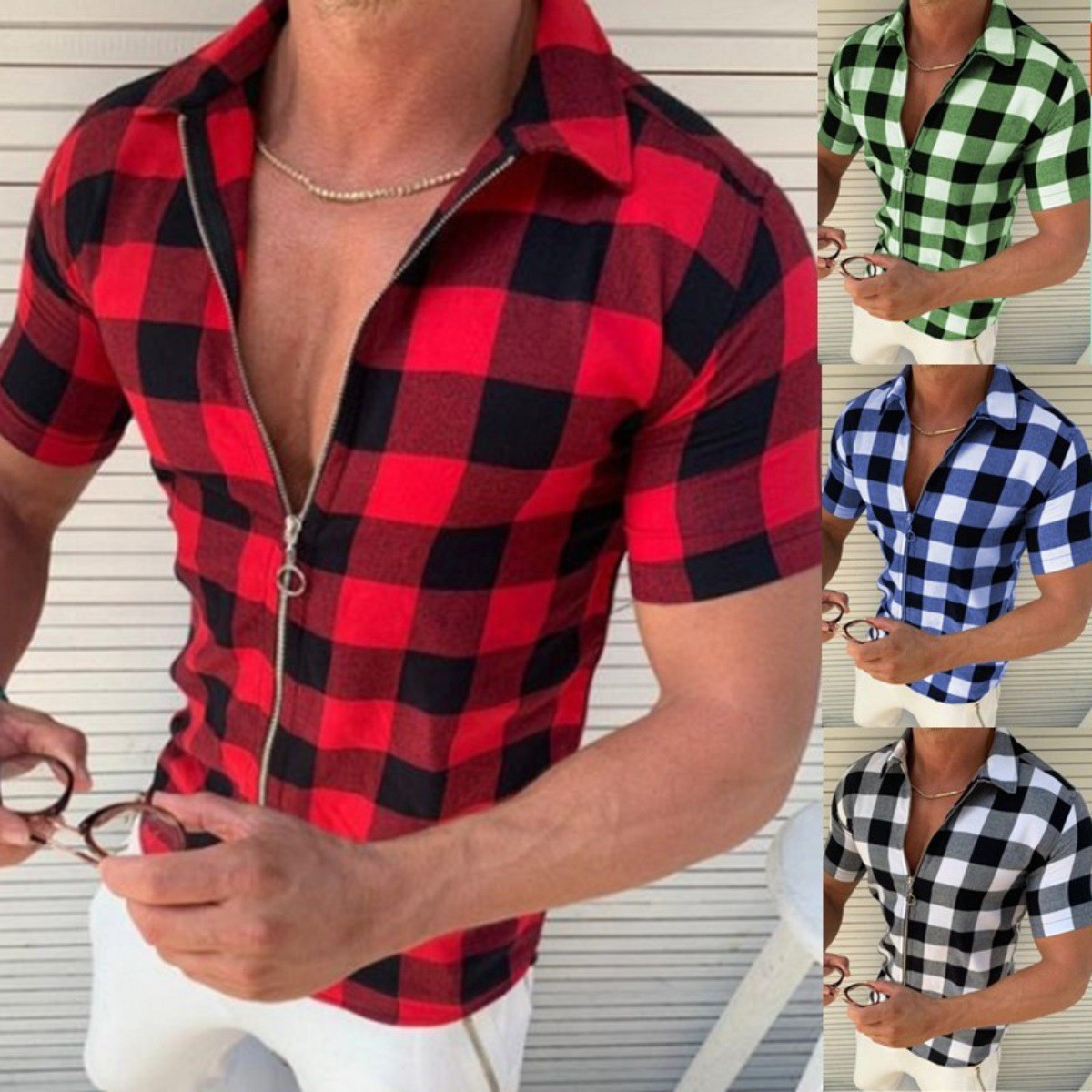 Elegancia de verano: camiseta de cuadros con cremallera y mangas cortas para hombre