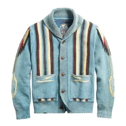 Cárdigan de punto de manga larga con solapa de jacquard vintage para hombre