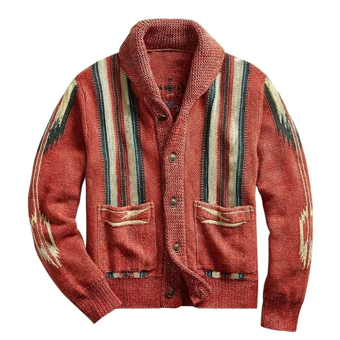 Cárdigan de punto de manga larga con solapa de jacquard vintage para hombre