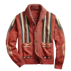 Cárdigan de punto de manga larga con solapa de jacquard vintage para hombre