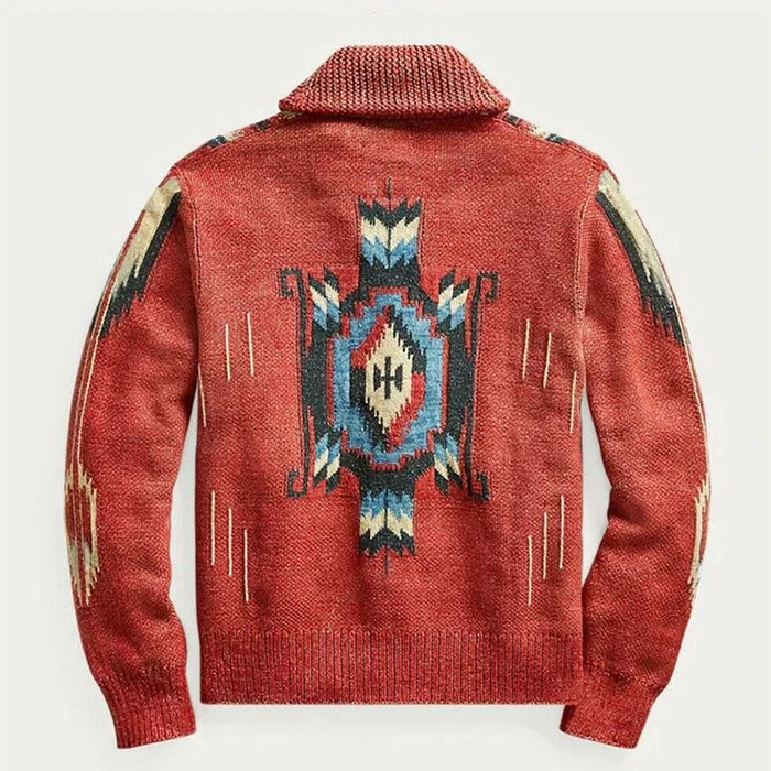 Cárdigan de punto de manga larga con solapa de jacquard vintage para hombre