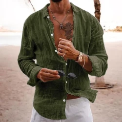 Camisa informal de manga larga de lino y algodón con solapa de color liso para hombre