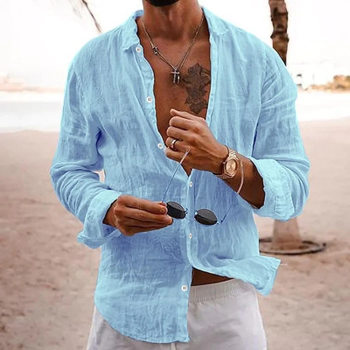 Camisa informal de manga larga de lino y algodón con solapa de color liso para hombre