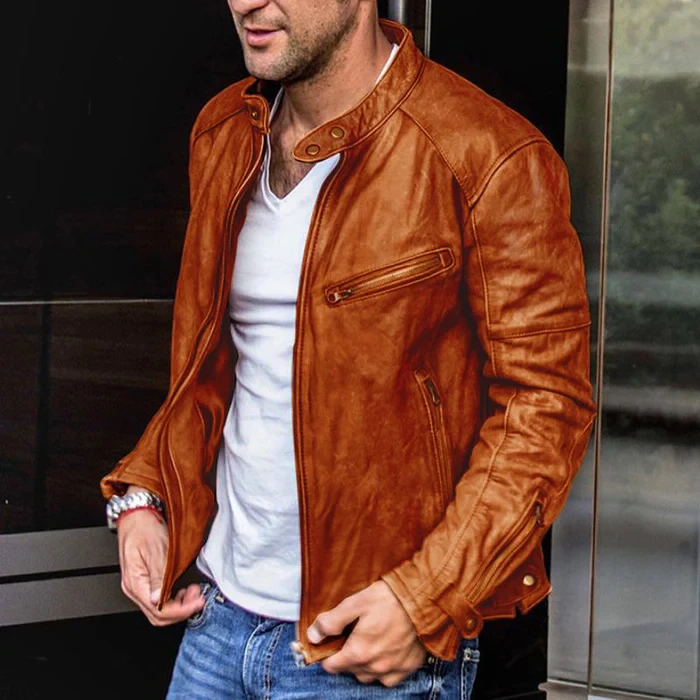 Chaqueta de motorista retro de cuero con cremallera y cuello alto para hombre
