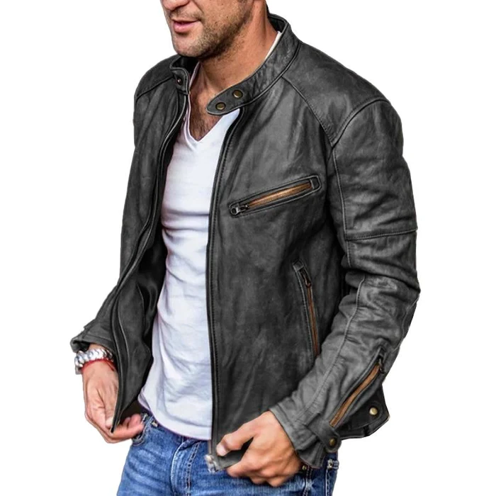 Chaqueta de motorista retro de cuero con cremallera y cuello alto para hombre