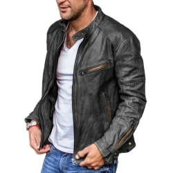 Chaqueta de motorista retro de cuero con cremallera y cuello alto para hombre