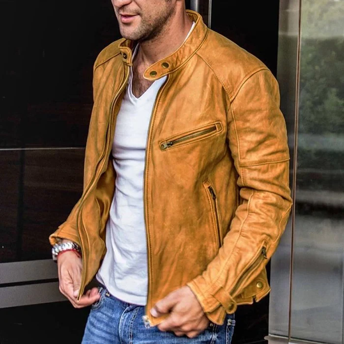Chaqueta de motorista retro de cuero con cremallera y cuello alto para hombre