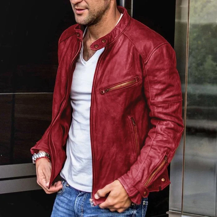 Chaqueta de motorista retro de cuero con cremallera y cuello alto para hombre