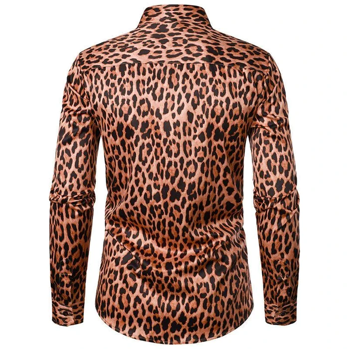 Camisa informal de manga larga con solapa de leopardo para hombre