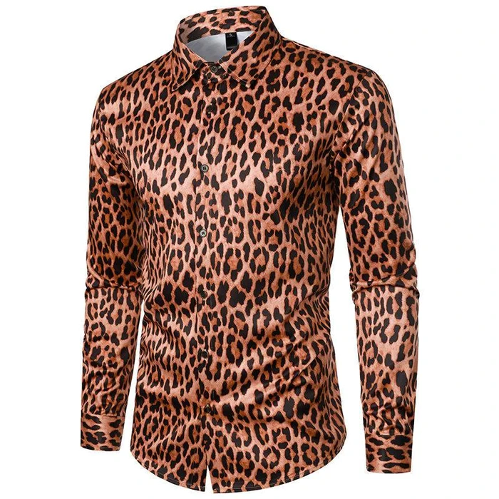 Camisa informal de manga larga con solapa de leopardo para hombre