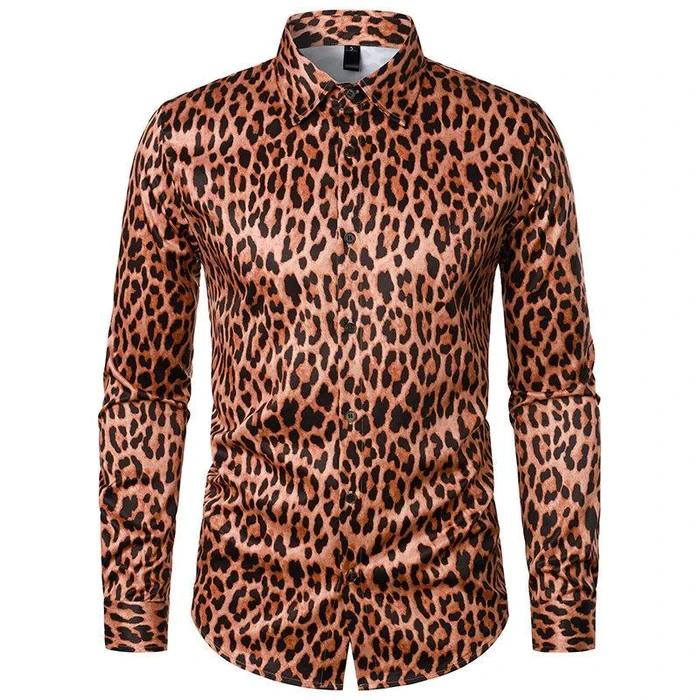 Camisa informal de manga larga con solapa de leopardo para hombre