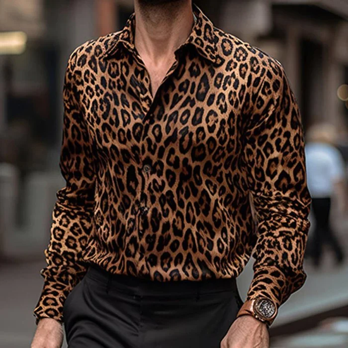 Camisa informal de manga larga con solapa de leopardo para hombre