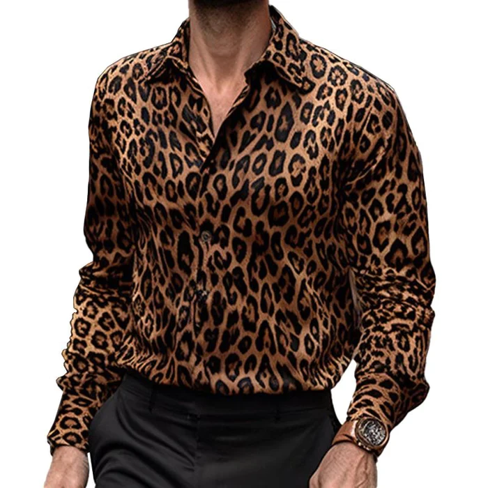 Camisa informal de manga larga con solapa de leopardo para hombre