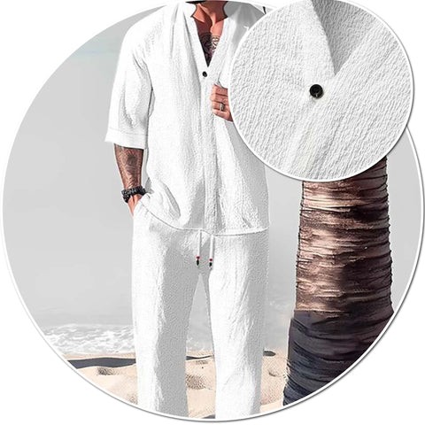 Conjunto de camisa y pantalón de media manga de color liso, informal y holgado para hombre