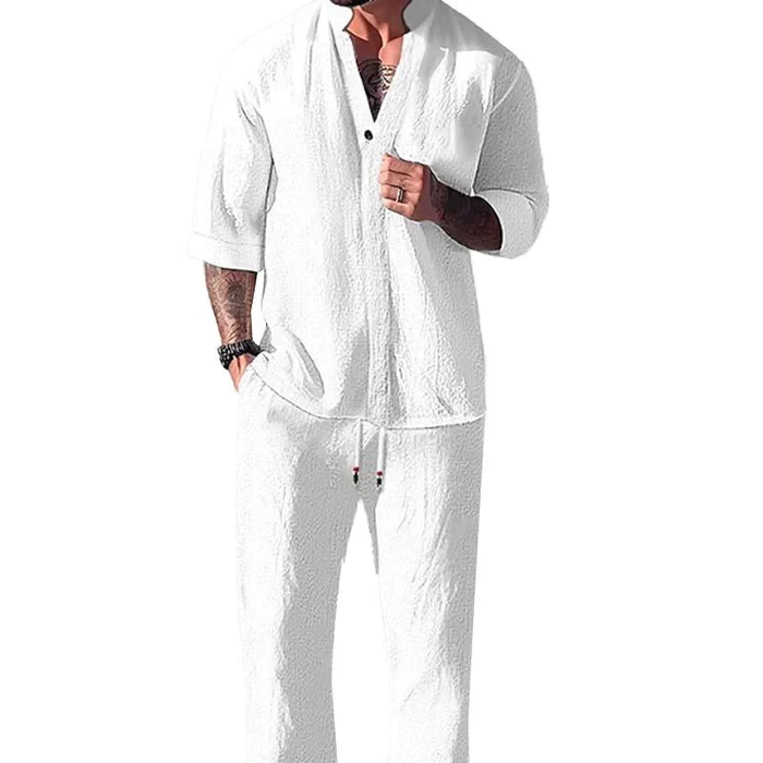 Conjunto de camisa y pantalón de media manga de color liso, informal y holgado para hombre