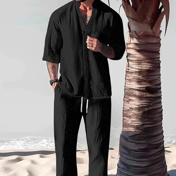Conjunto de camisa y pantalón de media manga de color liso, informal y holgado para hombre