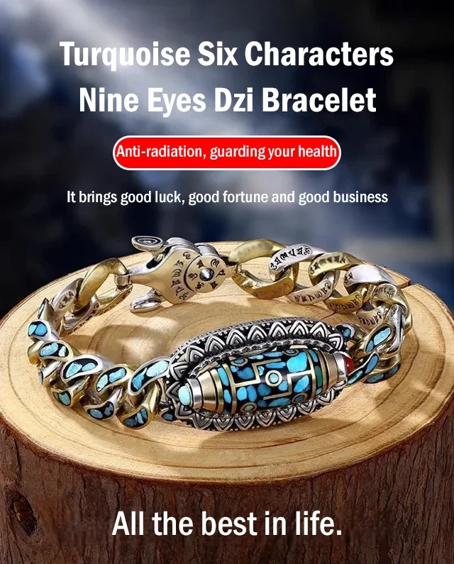 Pulsera de cuentas Dzi de nueve ojos con mantra de seis caracteres turquesa
